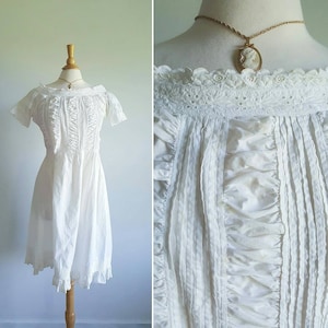 Antique vintage Victorian Edwardian 1800s 1910s 1920s white cotton nightgown, dress, lingerie, eyelet lace, pintucks, sleeves, medium
