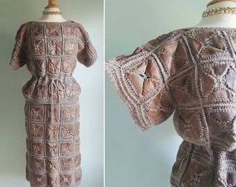 Rare vintage 1970s brown taupe knit dress set, leather and lacy crochet squares, 1970s does 1930s 1940s, skirt and peplum top, small medium