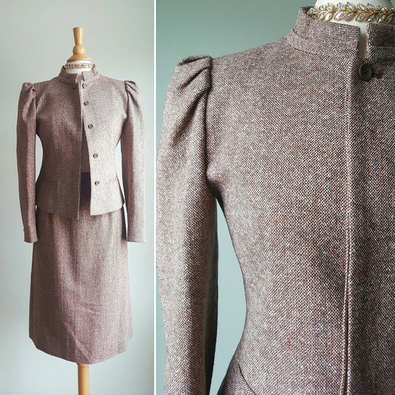 Vintage 1970s does 1940s tweed skirt suit, heather