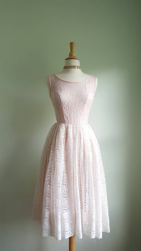 Vintage 1950s 1960s Pastel Blush Pink Lace Dress Princess Gown