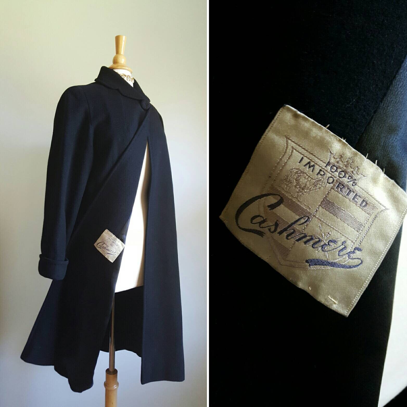 Vintage 1950s Black Cashmere Swing Coat, Formal, Dress, Casual