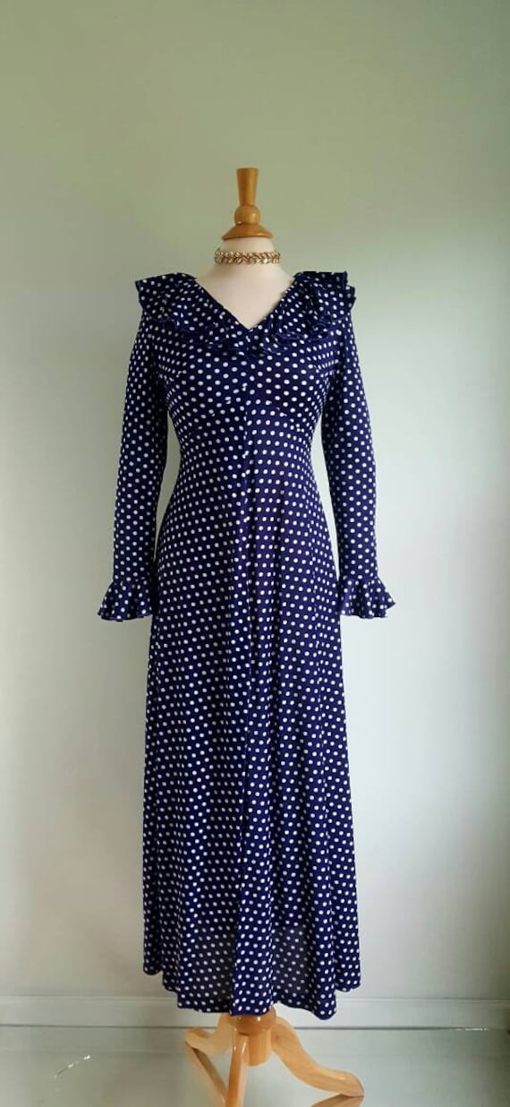 Vintage 1960s 1970s navy blue polka dot long dress, l… - Gem