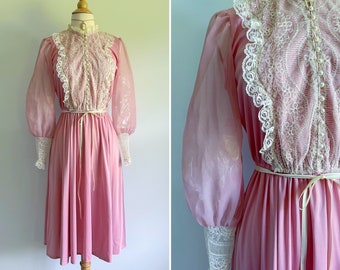 Vintage 1970s 1980s rose pink dress, sheer chiffon puff balloon gauntlet sleeves, cream floral lace, high Edwardian look neck, formal