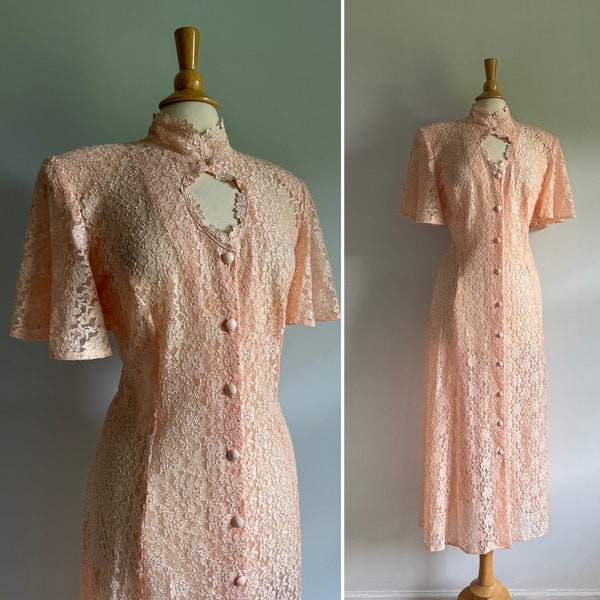 Vintage 1990s does Edwardian, 1930s 1940s peach sheer lace long dress, high keyhole neck, flutter sleeves, corset laced back, large