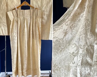 Beautiful set of 4 pinch pleat heavy satin sheen damask brocade floral curtains, drapes, buttery cream, short mid length, bed bath nursery