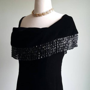 Vintage 1980s does 1920s 1930s black silky velvet deco beaded dress, off shoulder, beaded fringe shawl neck and hem, flapper look, party image 7