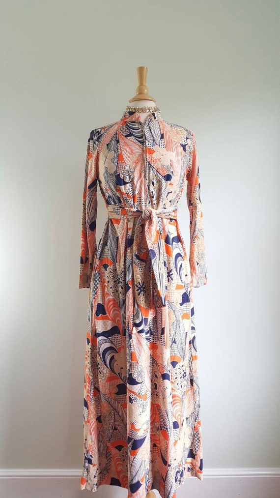 zip up,polyester,lounger Long floral dress,pastel,dress,1970s,70 lounge wear