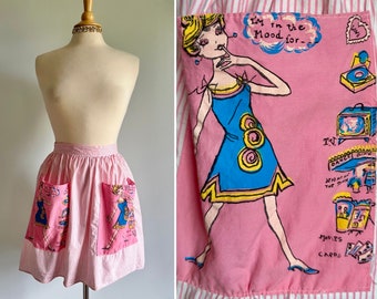 Vintage 1960s funny novelty apron, pink and white stripe, pockets, I’m in the mood for, mcm kitchen dining cooking bar