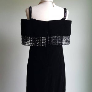 Vintage 1980s does 1920s 1930s black silky velvet deco beaded dress, off shoulder, beaded fringe shawl neck and hem, flapper look, party image 9