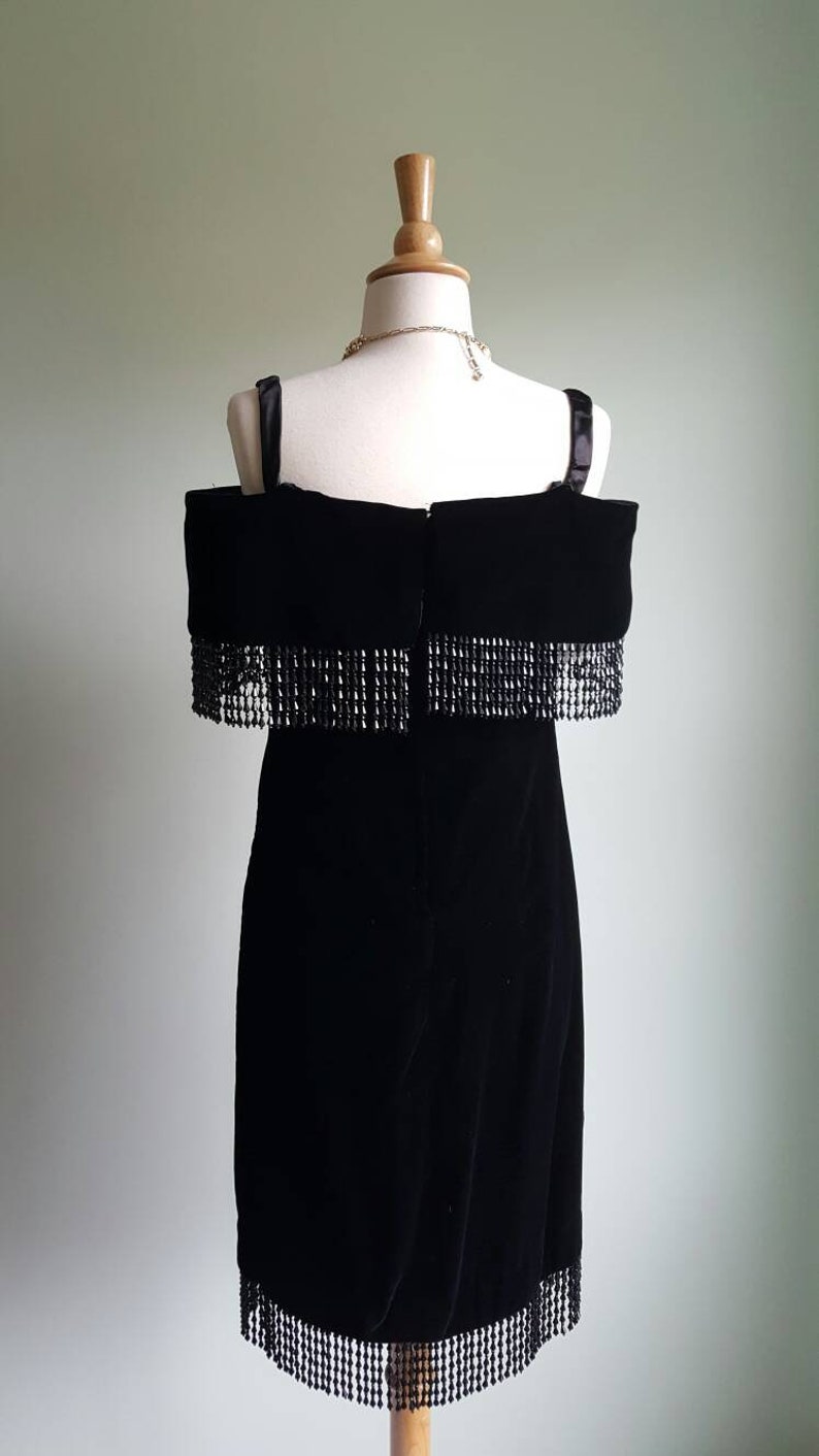 Vintage 1980s does 1920s 1930s black silky velvet deco beaded dress, off shoulder, beaded fringe shawl neck and hem, flapper look, party image 9