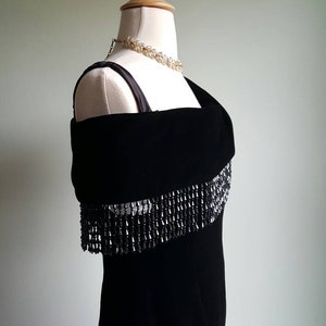 Vintage 1980s does 1920s 1930s black silky velvet deco beaded dress, off shoulder, beaded fringe shawl neck and hem, flapper look, party image 5