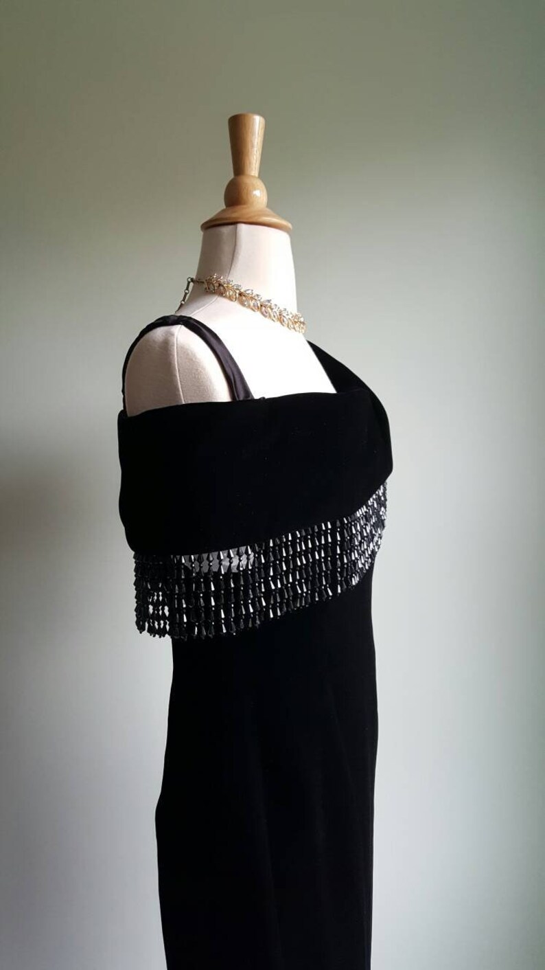 Vintage 1980s does 1920s 1930s black silky velvet deco beaded dress, off shoulder, beaded fringe shawl neck and hem, flapper look, party image 5