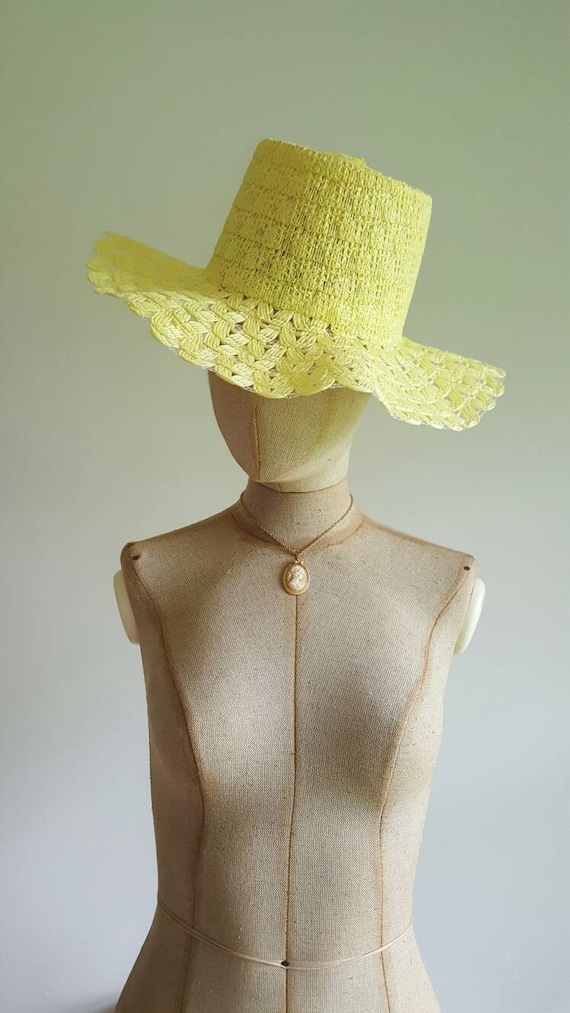 Vintage 1960s yellow floppy brim hat, sun summer … - image 1