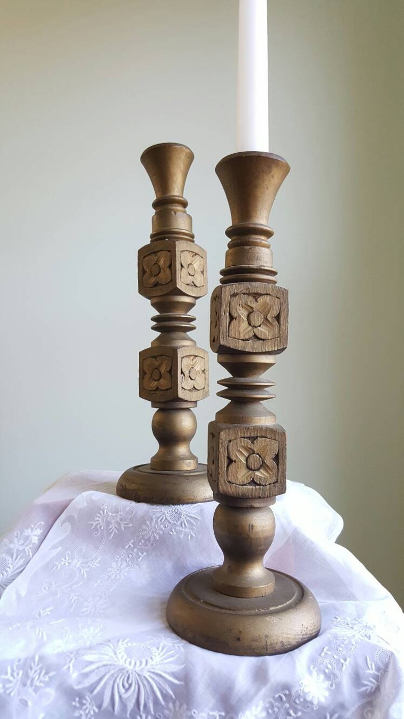 Vintage tall carved wood bronze floral turned candle holders centerpiece coffee table table great for mantel