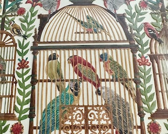 Vintage 1990s framed and matted scissor cut 3D bird art, bird houses, cages, paper ephemera Victorian 1800s look, flowers, parrots finches