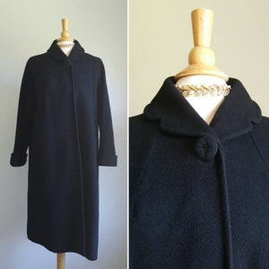 Vintage 1950s black cashmere swing coat, formal, dress, casual, notched Peter Pan collar