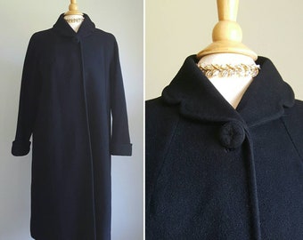 Vintage 1950s black cashmere swing coat, formal, dress, casual, notched Peter Pan collar