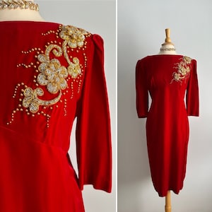 Vintage luscious bright red silky velvet Asian style dress, gold beading and floral appliqué, 3/4 sleeves, formal cocktail dress, medium