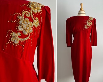 Vintage luscious bright red silky velvet Asian style dress, gold beading and floral appliqué, 3/4 sleeves, formal cocktail dress, medium