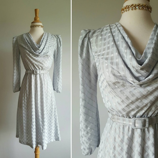 Vintage 1970s 1980s does 1940s silver gray cowl neck dress, puff sleeves, fit and flare A line, silver stripe, check, small