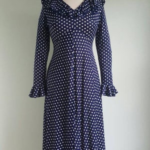 Vintage 1960s 1970s Navy Blue Polka Dot Long Dress, Long Sleeves, White ...