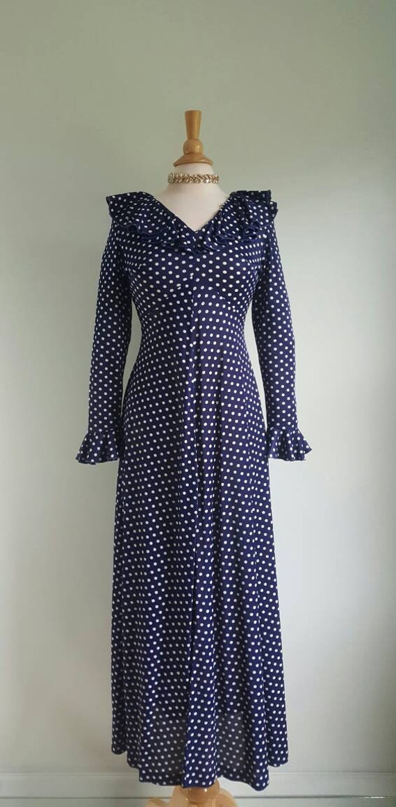 Vintage 1960s 1970s navy blue polka dot long dress, l… - Gem