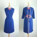 Vintage 1960s 1970s duster jacket and dress set, red white and blue suit, mod style, geometric flower, medium large 