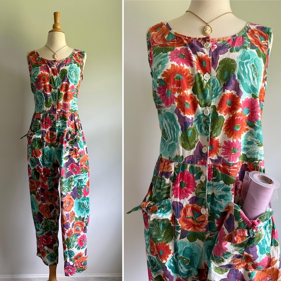 Vintage floral pants one piece romper jumper jumpsuit playsuit, 1980s does 1940s 1950s, dress of casual, orange green pink purple blue