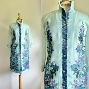 Vintage 1960s 1970s Alfred Shaheen aqua pale blue chiffon dress, purple turquoise teal flowers floral, formal or casual dress