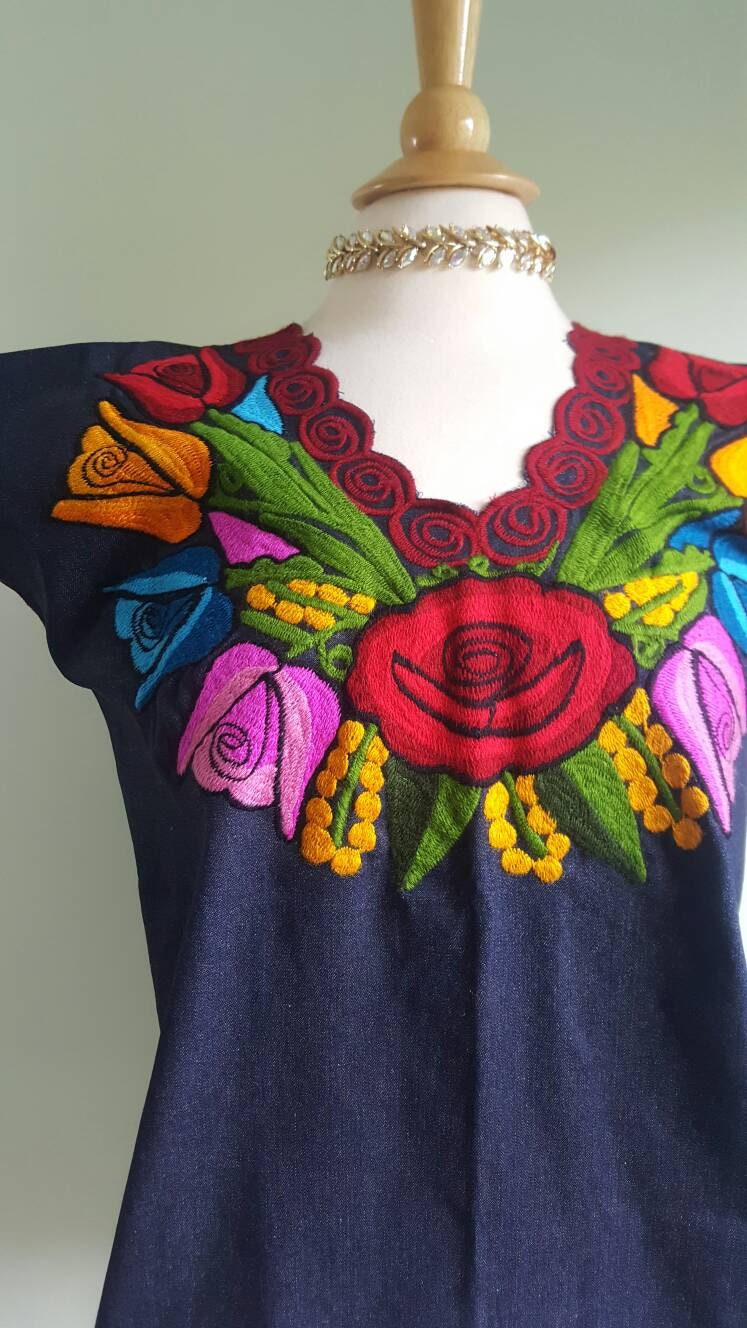 Vintage Mexican floral embroidered top dark navy blue shirt | Etsy