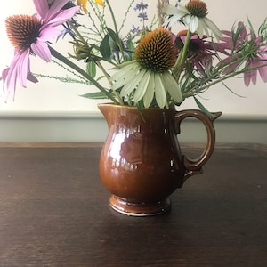 May include: A brown ceramic pitcher filled with a bouquet of wildflowers, including purple coneflowers, yellow black-eyed susans, white coneflowers, and blue thistle.