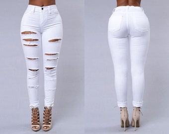 White  Ripped Skinny Denim Jeans, Size M