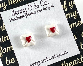 Love Letter Studs, Love Letter Earrings, Love Letter Jewelry, Valentines Day Studs, Cute Valentines Day Studs, Valentines Day Earrings, Card