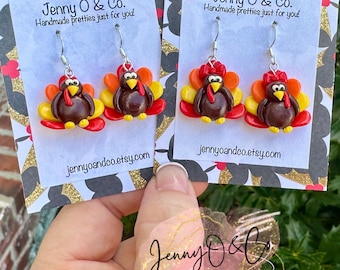 Thanksgiving Earrings, Turkey Earrings, Fall Earrings, Sterling Silver Earrings, Single Charm, Cute Earrings, Clay Earrings