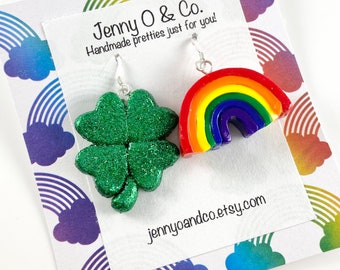 Rainbow Earrings, Rainbow Jewelry, Shamrock Earrings, Mismatch Saint Patrick's Day Earrings, Holiday Earrings, Saint Patrick's Day Earrings