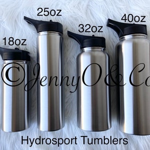 May include: Four stainless steel tumblers with black lids and handles. The tumblers are labeled with their capacity in ounces: 18oz, 25oz, 32oz, and 40oz. The text "Hydrosport Tumblers" is printed below the tumblers.