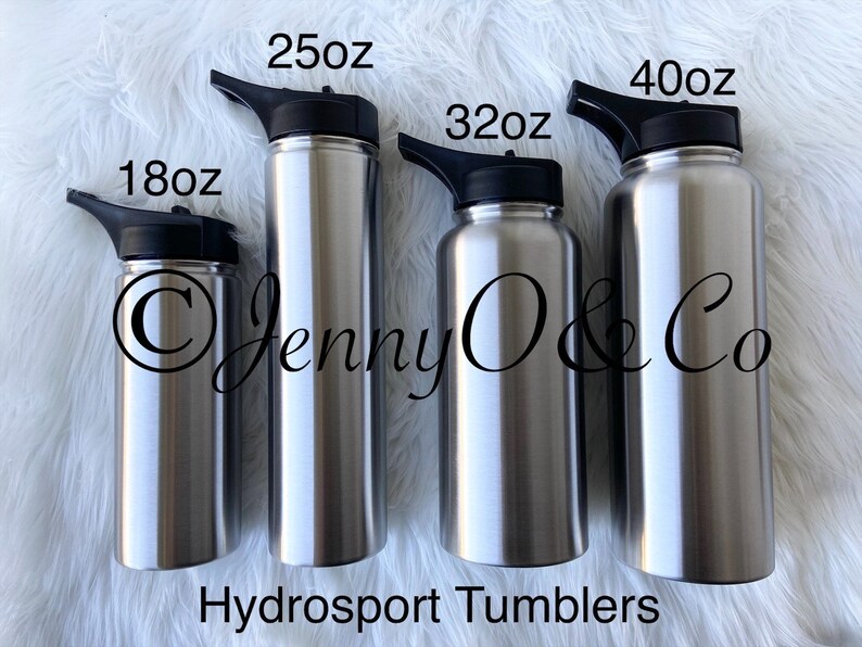 May include: Four stainless steel tumblers with black lids and handles. The tumblers are labeled with their capacity in ounces: 18oz, 25oz, 32oz, and 40oz. The text "Hydrosport Tumblers" is printed below the tumblers.