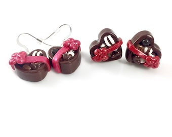 Pendientes de caja de chocolate, pendientes de corazón de chocolate, pendientes de chocolate, pendientes de San Valentín, regalo de San Valentín, joyas de San Valentín