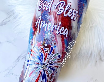 God Bless America Tumbler, vaso patriótico, vaso de fuegos artificiales, copa de fuegos artificiales, vaso de purpurina de fuegos artificiales, vaso del día de la independencia