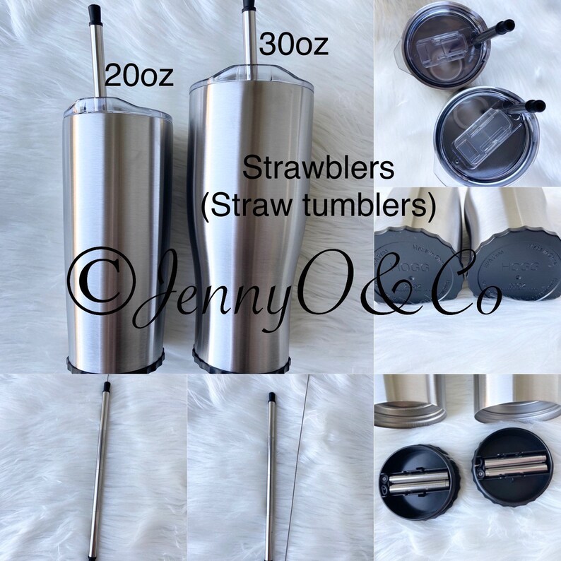 May include: Two stainless steel tumblers with lids and straws. The tumblers are labeled 20oz and 30oz. The text "Strawblers (Straw tumblers)" is visible in the image.