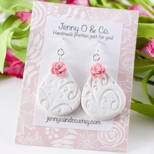 White Dangle Earrings, White Clay Earrings, Elegant Earrings, Rose Drop Earrings, White Drop Earrings, Pattern Earrings, Accent Earrings