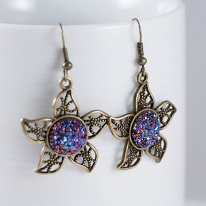 Purple Faux Druzy Earrings, Bronze Flower Earrings, Plum Druzy Earrings, Purple Earrings, Flower Earrings, Druzy Dangles, Bronze Dangles