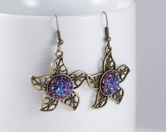 Purple Faux Druzy Earrings, Bronze Flower Earrings, Plum Druzy Earrings, Purple Earrings, Flower Earrings, Druzy Dangles, Bronze Dangles