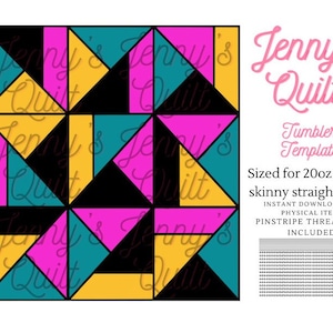 May include: A digital download template for a quilt block pattern. The pattern is made up of black, yellow, pink, and teal triangles. The template is sized for 20oz and 30oz skinny straight Hogg fabric. The text "Jenny's Quilt" is written in pink cursive letters.