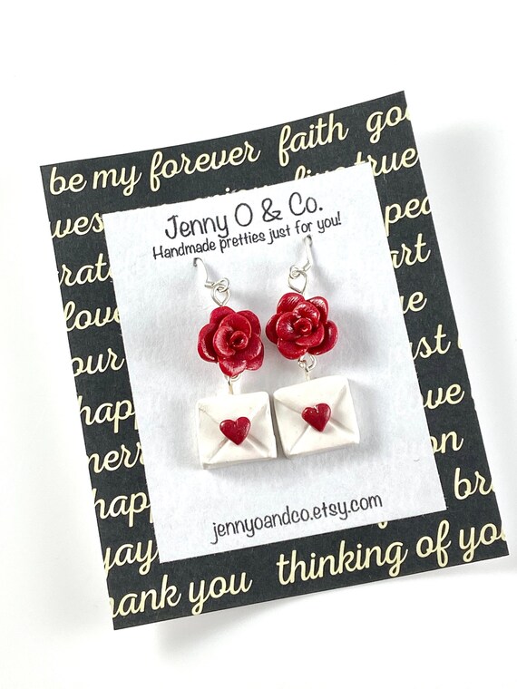 Love Letter Earrings, Love Letter Jewelry, Love Note Earrings, Valentines Day Earrings, Rose Dangle Earrings, Cute Valentines Earrings
