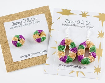 King Cake Earrings, Mardi Gras Earrings, Mardi Gras Jewelry, New Orleans Jewelry, New Orleans Gifts, New Orleans Earrings, Mardi Gras Gifts