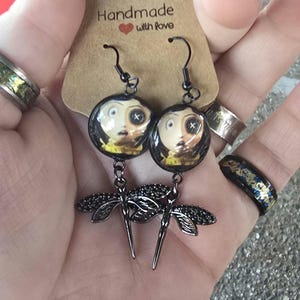 Handmade Horror Cartoon inspired black dragonfly Gothic earrings Unique Movie Memorabilia horror cartoon girl