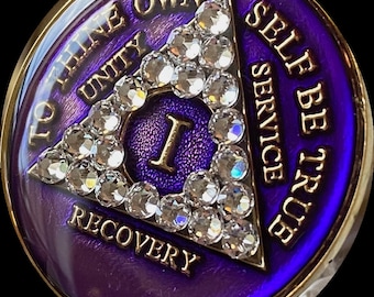 1 - 50 Jahre AA Medallion Purple Clear Diamond Like Swarovski Crystal Sobriety Chip