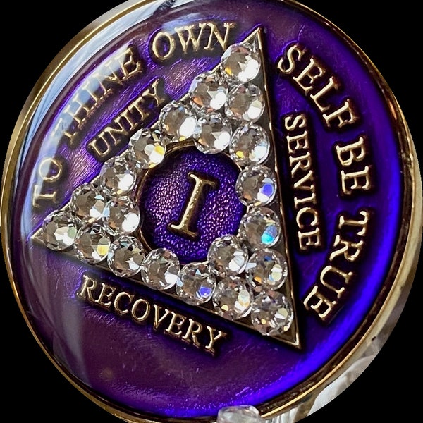 1 - 50 Year AA Medallion Purple Clear Diamond Like Swarovski Crystal Sobriety Chip
