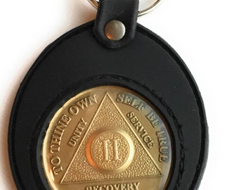 1 - 65 Year AA Medallion In Coin Holder Keychain Black Soft Silicone
